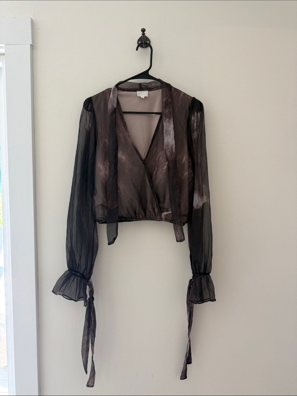 Sheer Tie-Sleeve Wrap Blouse in Charcoal Smoke
